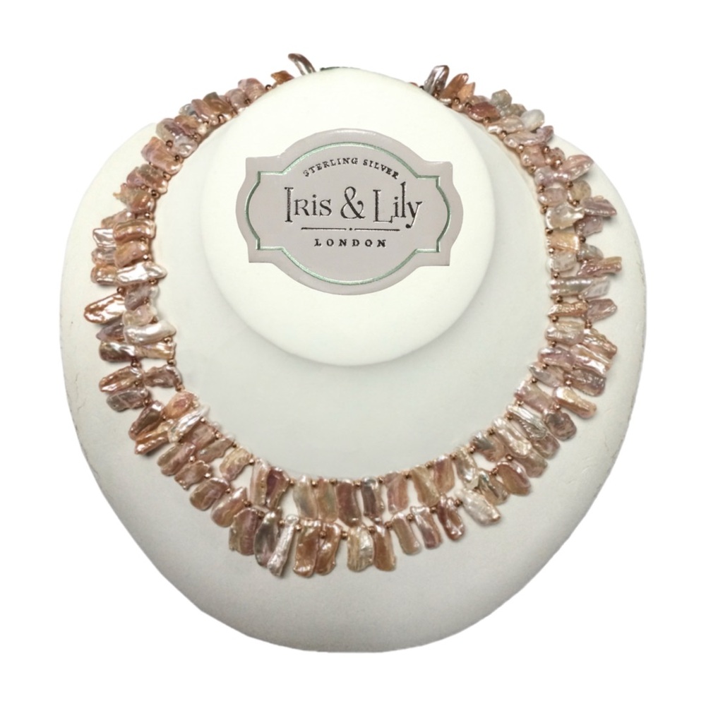 Double Strand Freshwater Stick Pearl Necklace Peach/Pink 14K Rose Gold Clasp NWT